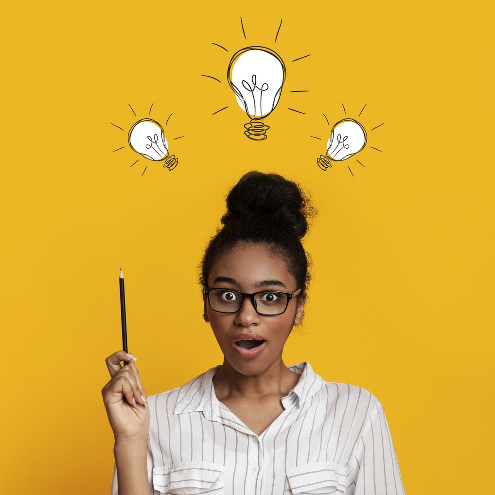 Home genius problem solutions. collage with shocked black woman pointing up at light bulbs over her head, yellow background